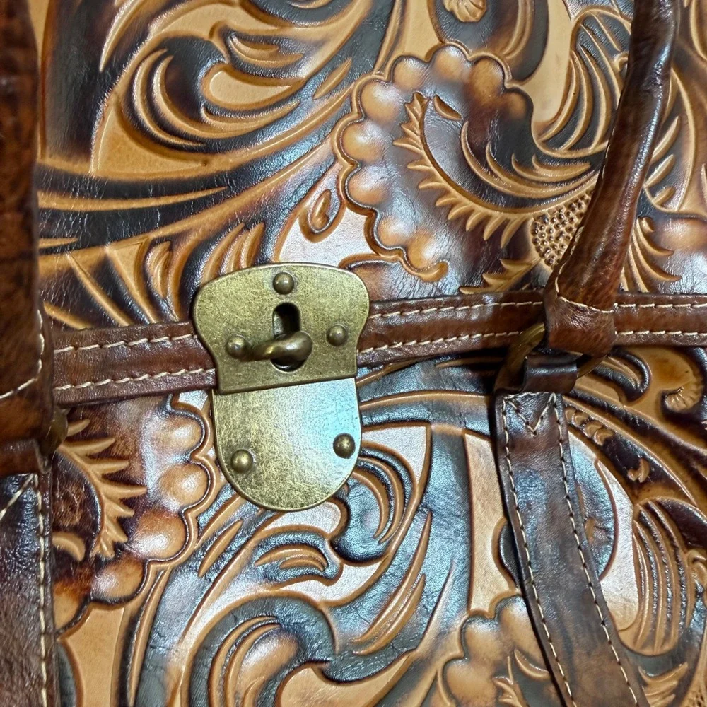 $300 Patricia Nash Vienna Satchel Tuscan Tan Hand Tooled Leather Floral Handbag